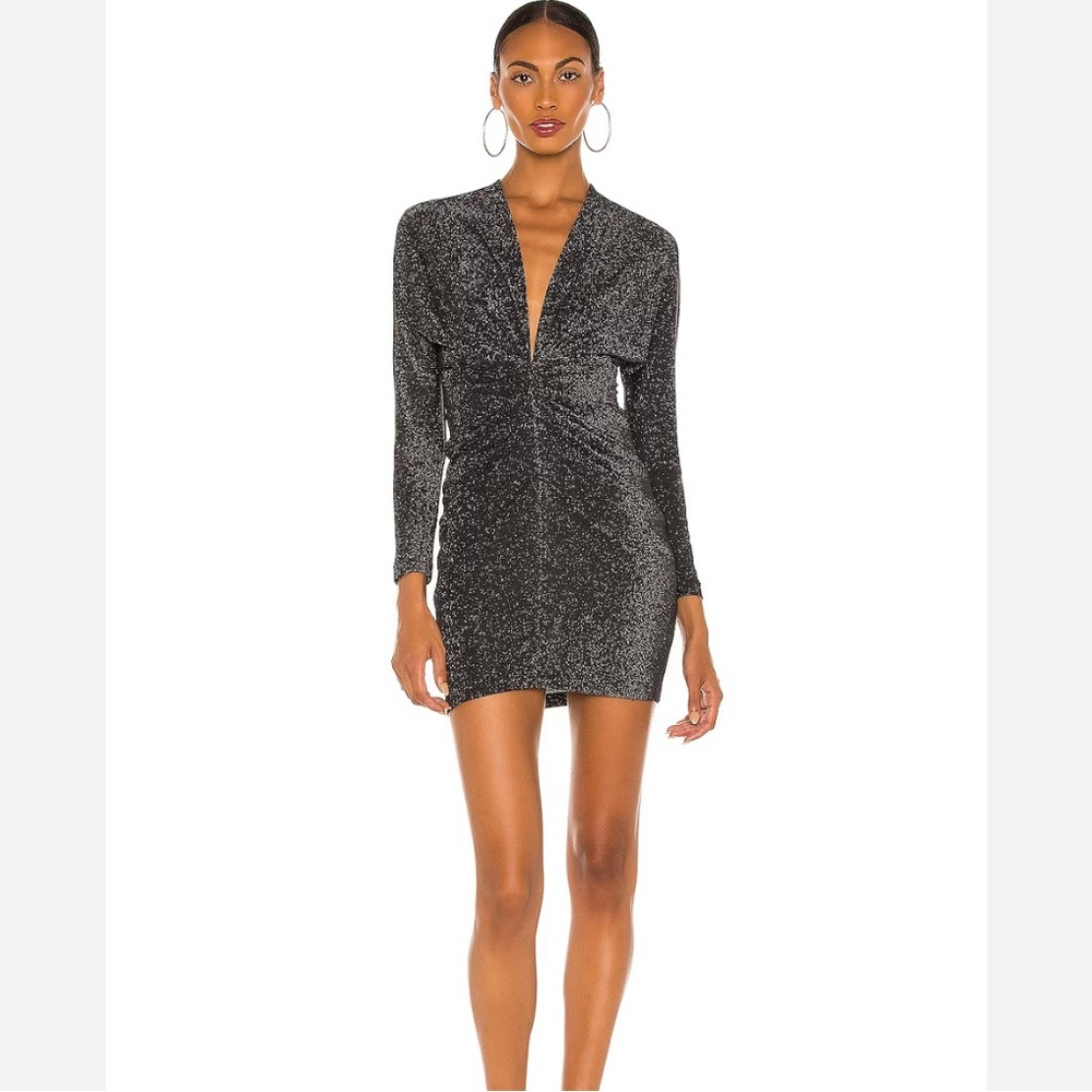 NWT IRO Riga Ruched Sparkle Shimmer Deep V Mini Dress 34 XS
